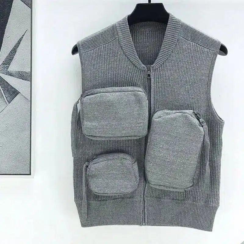 Multi-Pocket Knitted Vest for Storage-Grey-1