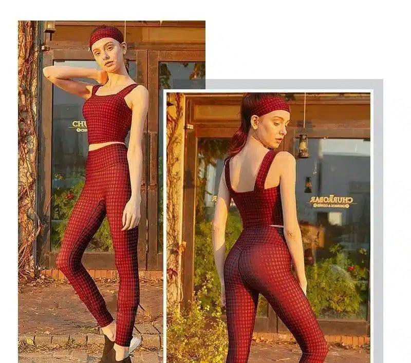 Women's Checkered Yoga Outfit with Headband-Red-2