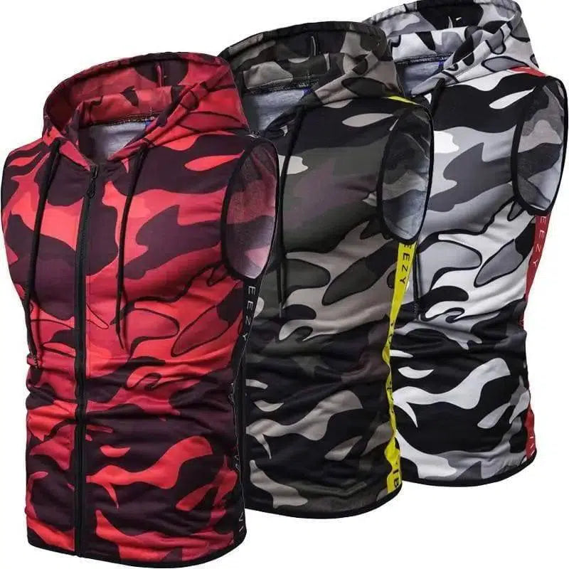 Zipper Hooded Sleeveless Camouflage Printed Fitness Sports-1