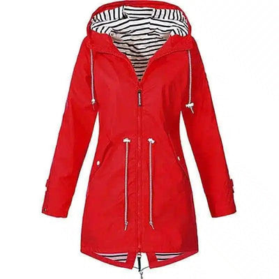 Hooded Waterproof Women's Jacket with Zip Pockets-Red-1