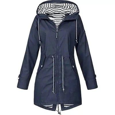 Hooded Waterproof Women's Jacket with Zip Pockets-Navy-5