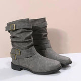 Low Heel Vintage Adjustable Buckle Boots Women Combat Biker-Grey-2