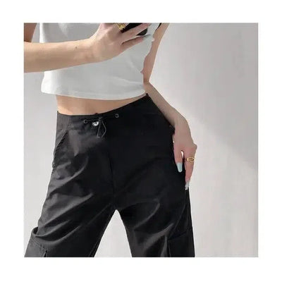 Low-waisted Drawstring Three-dimensional Pocket Work Pants-Black-4