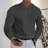 Male Fashion Casual Solid Color V-neck Long Sleeve Shirts-Dark Grey-12