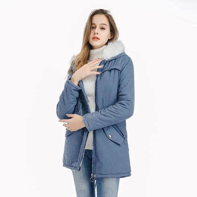 Medium length coat with large fur collar-Blue-8