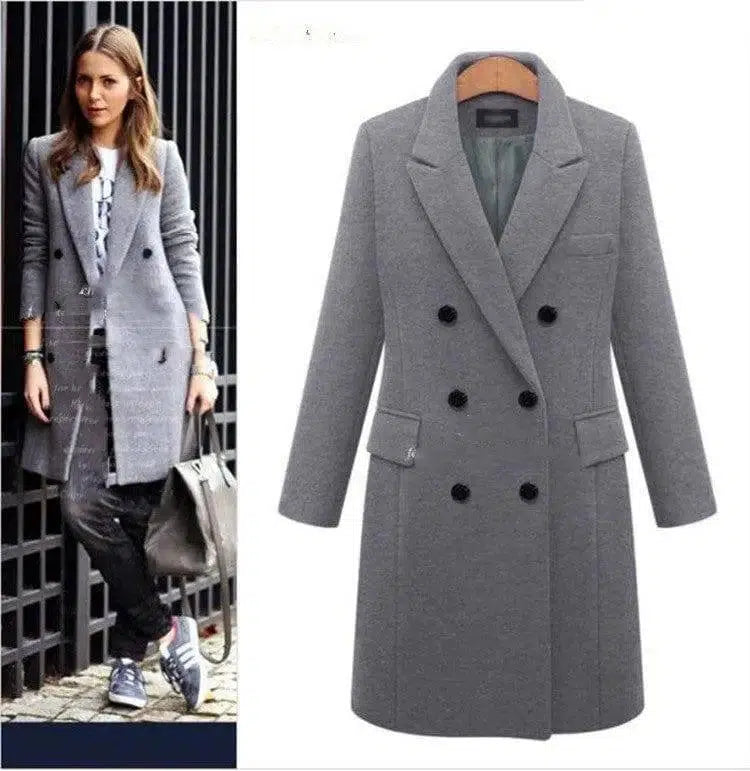 Medium length large woolen overcoat for women-Grey-5