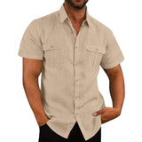 Men's Button Short Sleeve Shirt Summer Casual Double Pocket-Apricot-7