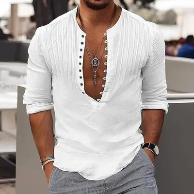 Men's Casual Loose Button Cotton Round Neck Shirt-White-7