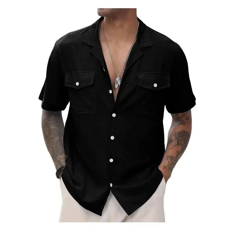 Men's Casual Loose Solid Color Pocket Shirt-Black-3