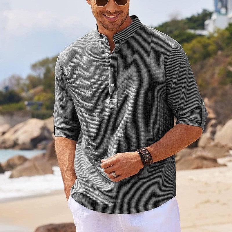 Men's Casual Shirt Long Sleeve Stand Collar Solid Color Shirt Mens Clothing Khaki / 5XL-1