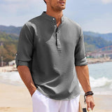 Men's Casual Shirt Long Sleeve Stand Collar Solid Color-2