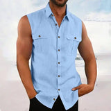 Men's Casual Solid Color Sleeveless Shirt-Blue-4