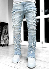 Men Trousers Individual Patched Pants Long Tight Fit Stacked Jeans For Mens Clothing Dark Khaki / 2XL-Light Blue-8