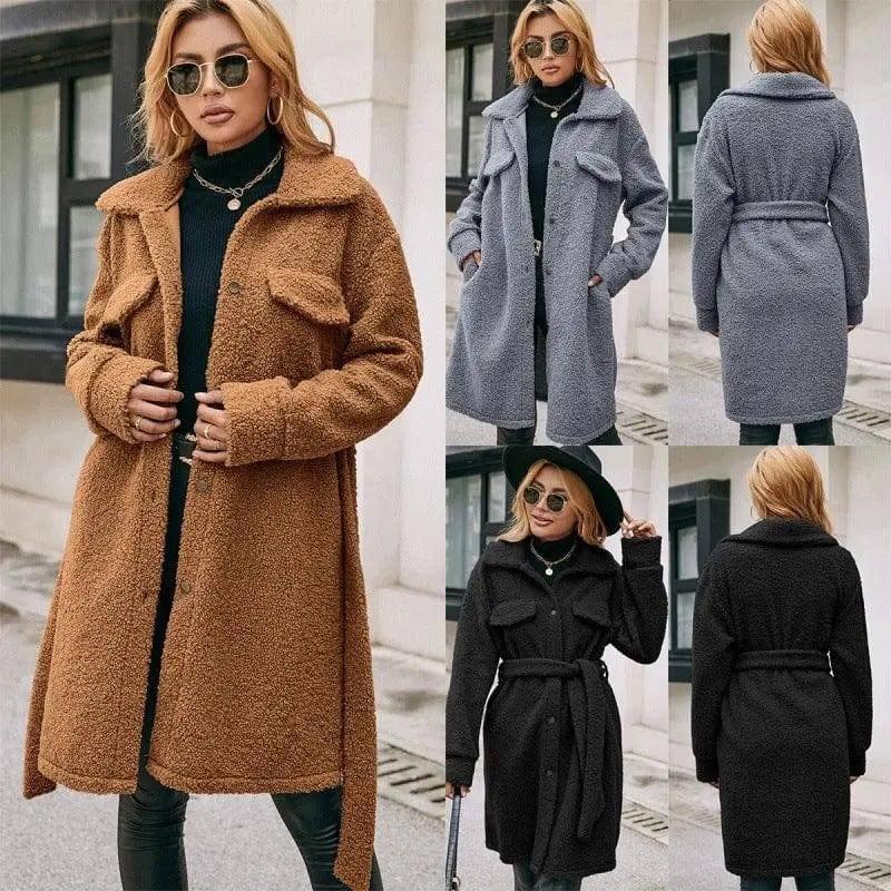 Mid Length Lapel Belted Single Breasted Plush Trench Coat-1