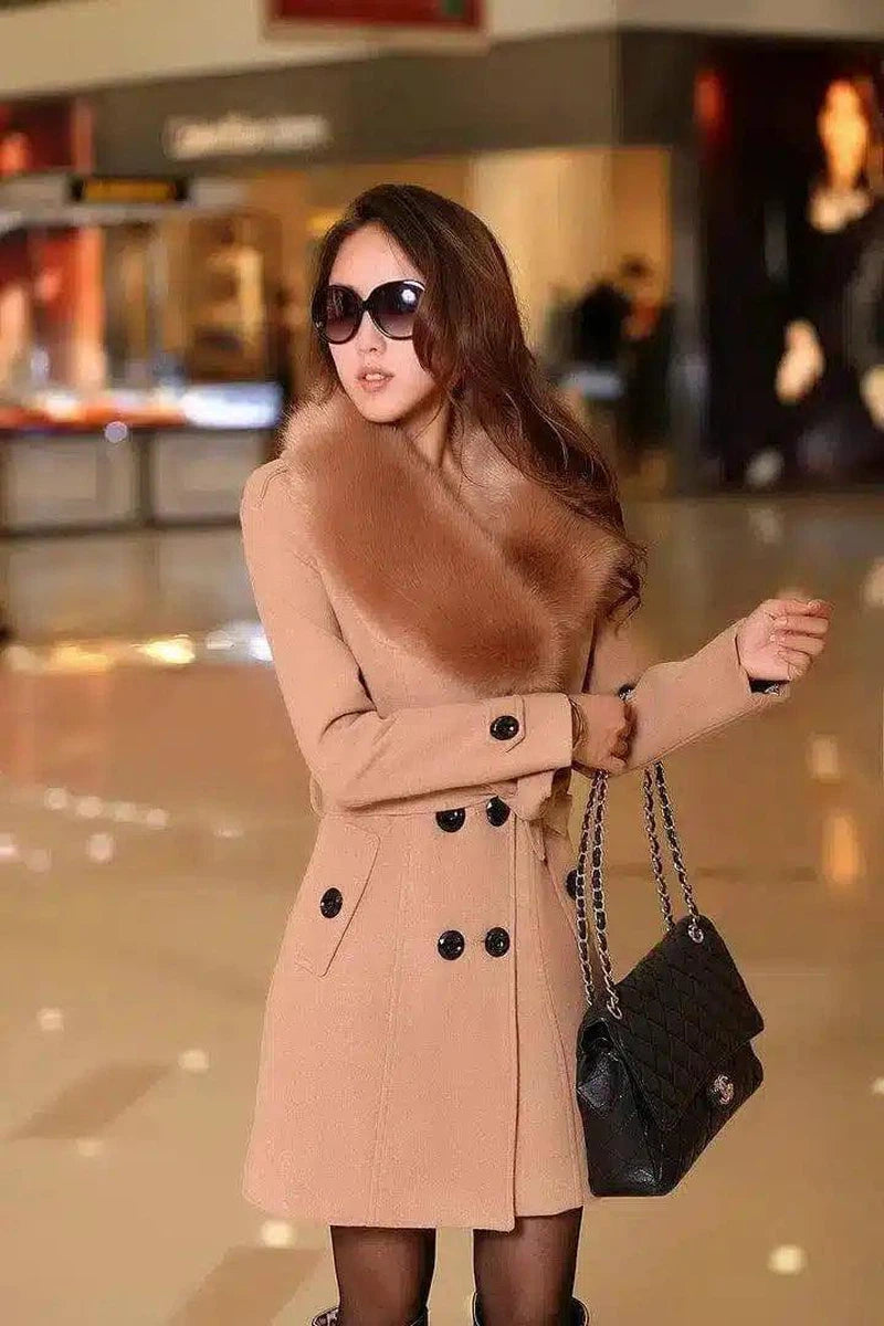 Mid-length Winter Coat With Woolen Collar And-Khaki-7