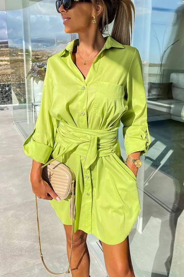 Multi-Color Rolled Sleeves Shirt Dress Women-Fluorescent Green-5