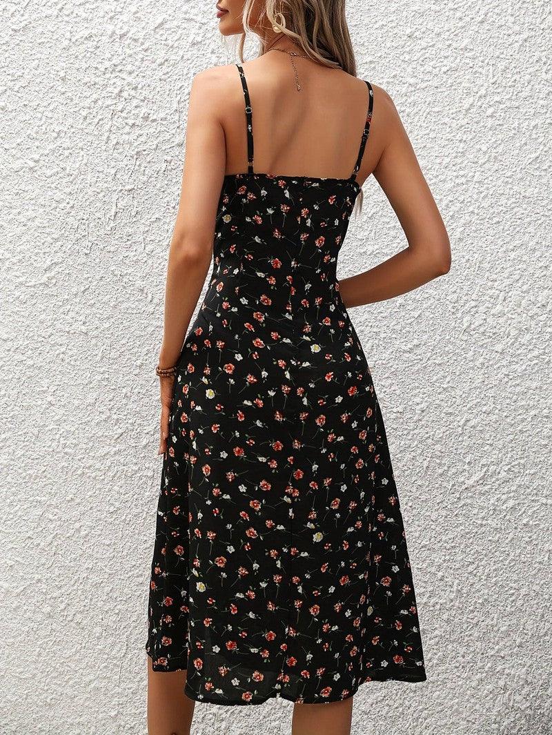 New Polka Dot Print Suspender Dress Summer Slit Long-3