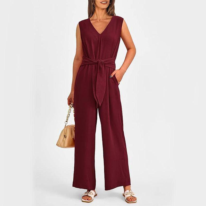 New V-neck Sleeveless Long Jumpsuit With Pockets And Lace-up-Wine Red-6