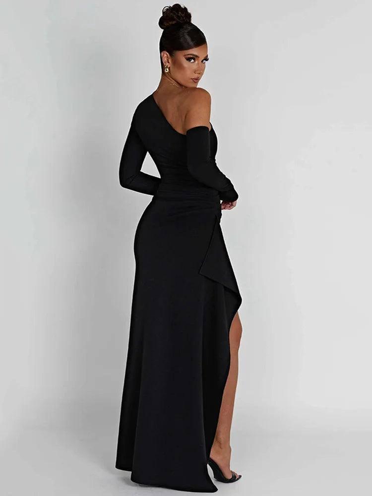 Oblique Shoulder High Split Maxi Dress - Backless Party-2