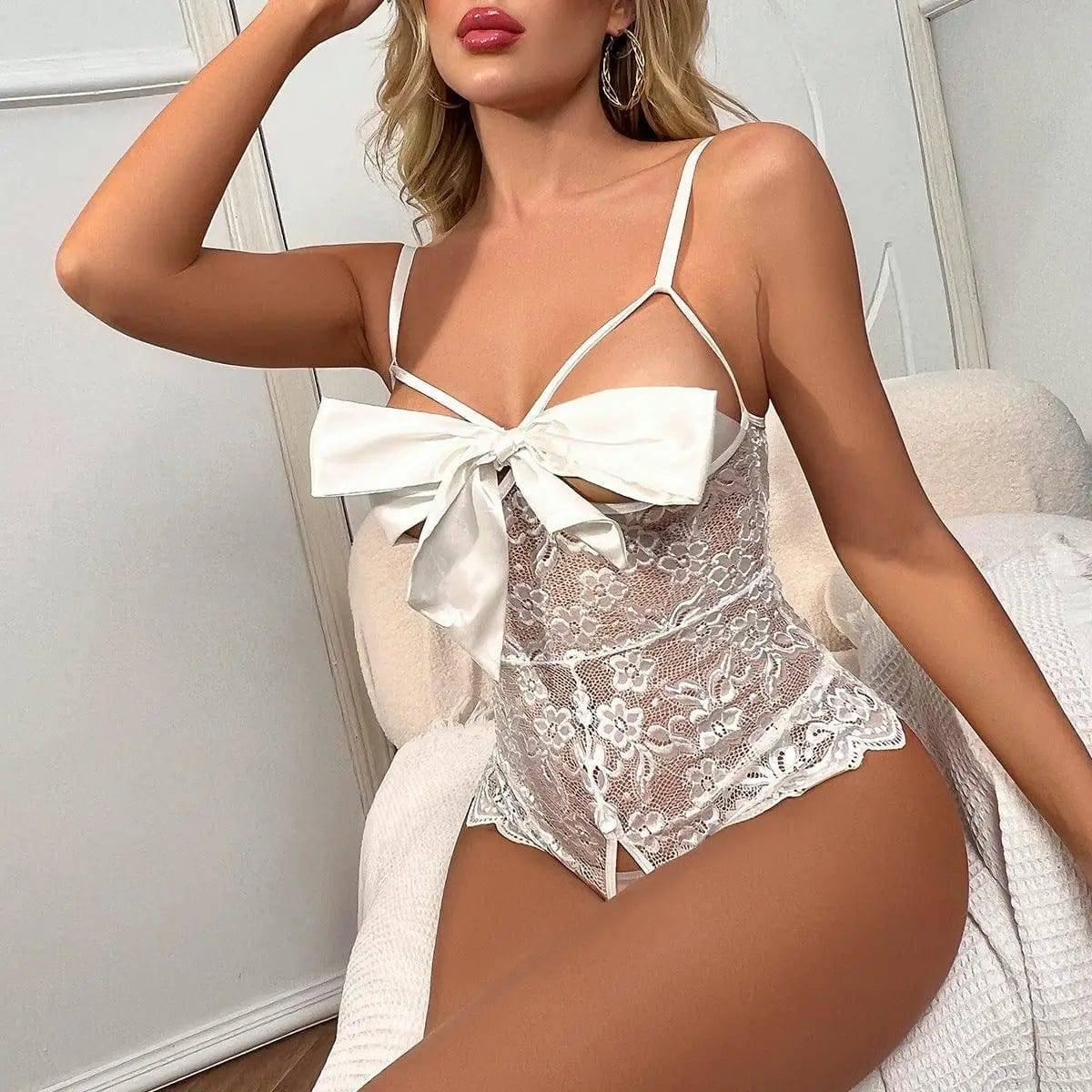 One-piece Lingerie See-through Lingerie Sexy Deep V Lingerie-White-5