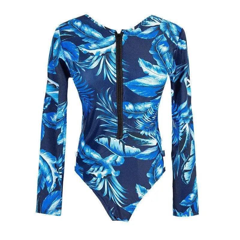 One Piece Long Sleeve Sunscreen Swimsuit Lock Sexy Foreign-Blue-1