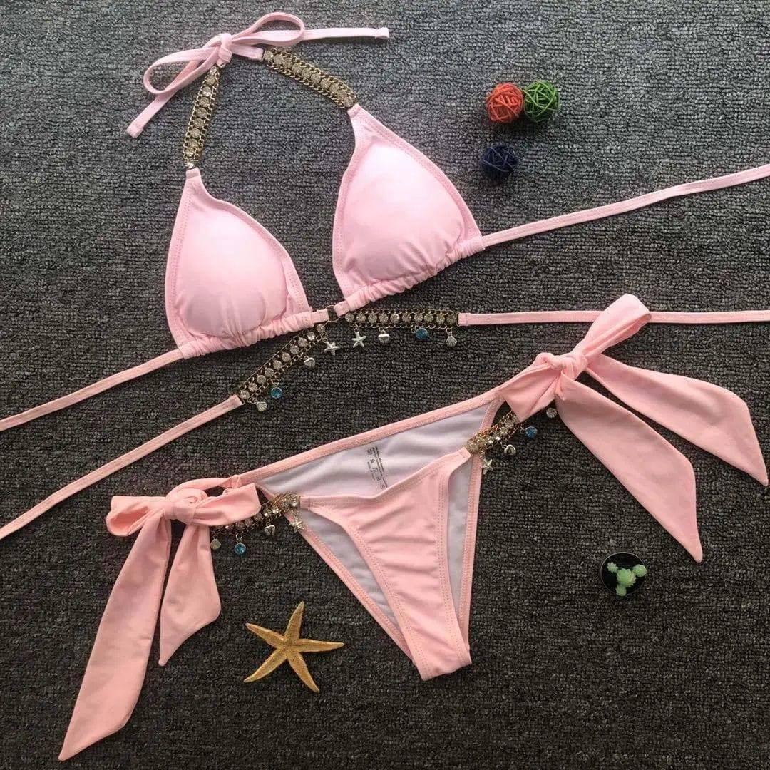 Pendant strap triangle sexy women's swimsuit-Pink-3