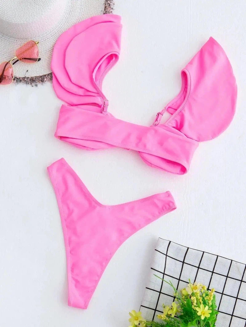 Personality Solid Color Ruffle Swimsuit Female Bikini-Pink-2