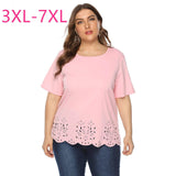 New 2021 Summer Plus Size Tops For Women Large Short Sleeve Loose Hollow Out Pink O-neck T-shirt 3XL 4XL 5XL 6XL-1