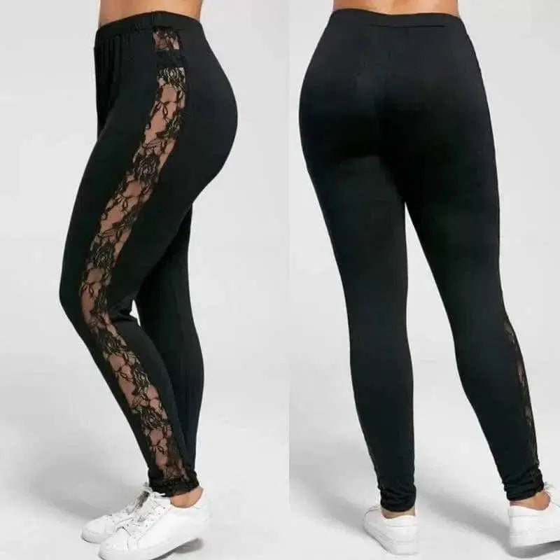 Plus Size Women Holllow Out Lace Leggings-Black-2