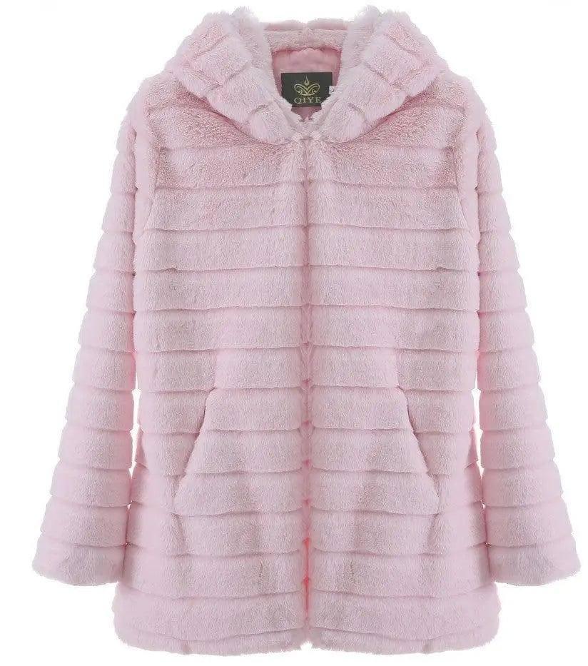 Plush padded hooded lady mink short fur coat-Pink-3