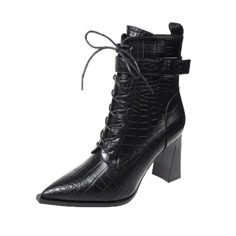 Pointed-toe Boots Winter Alligator Pattern Lace-up Shoes-Black-7