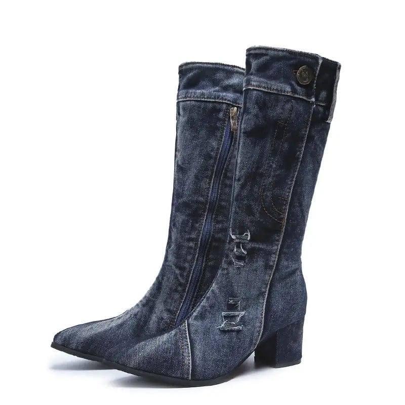 Pointed Toe Thick Heel Denim High Boots For Women-Blue-2