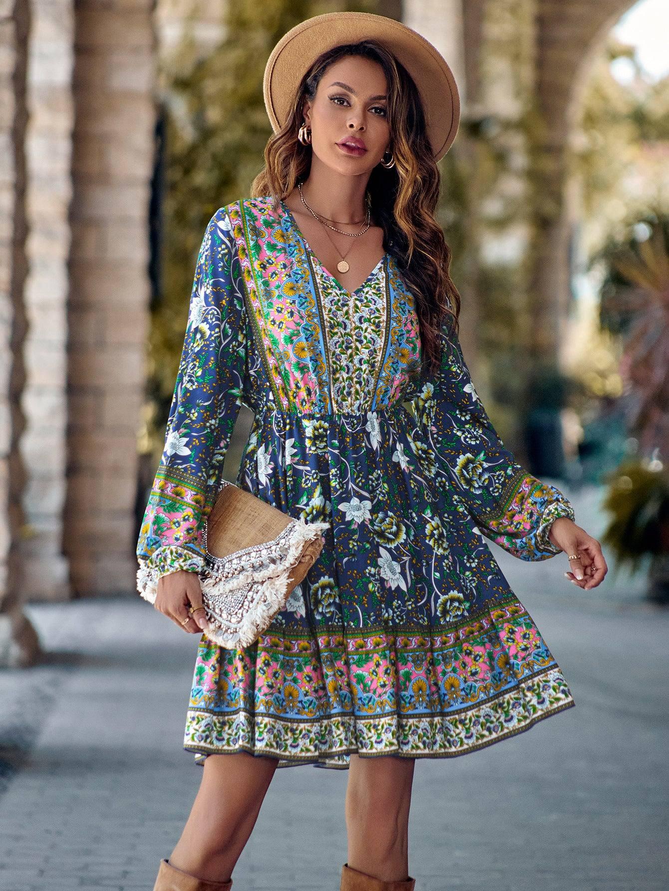 Printed V-neck Waist-controlled Long Sleeves Dress Women-7