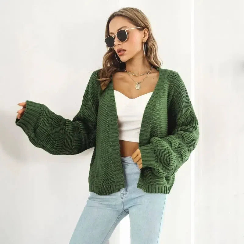 Puff Sleeve Cardigan Sweater Women Clothes Front Chunky-Army Green-6