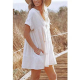 Pullover White Loose V Neck Dress-White-2