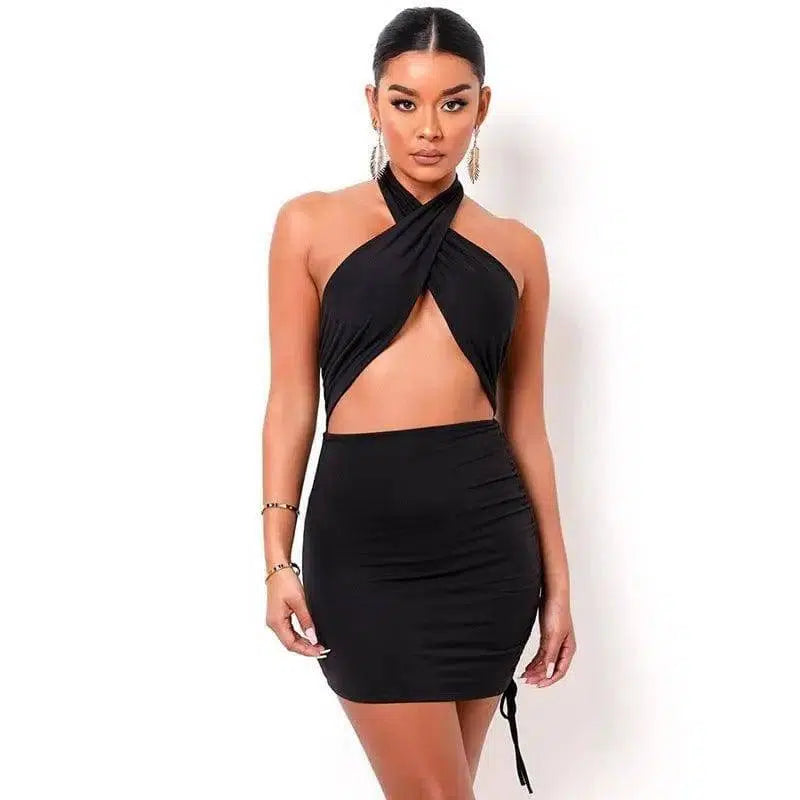 Pure Color Cross Halter Halter Back And Navel Dress-Black-3