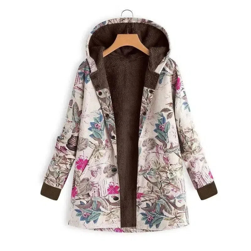 Retro flower print plus size hooded jacket top-White-8