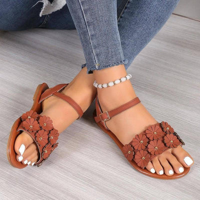 Retro Flowers Sandals Summer Casual Versatile Round Toe-Brown-5