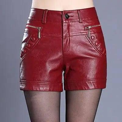 Retro high waist slim slim straight casual pu leather shorts-1