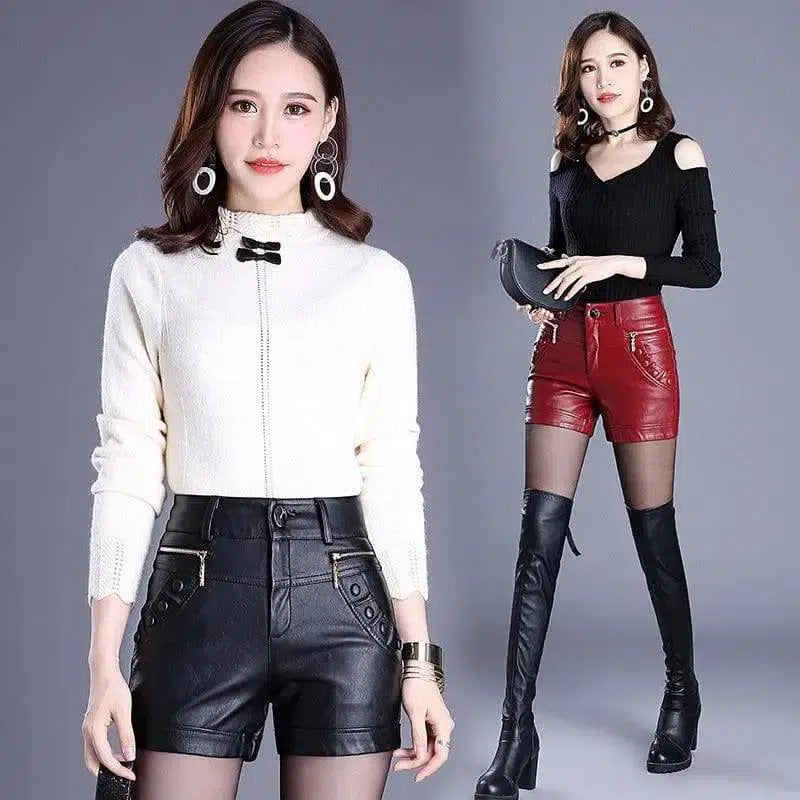 LOVEMI - Retro high waist slim slim straight casual pu leather shorts