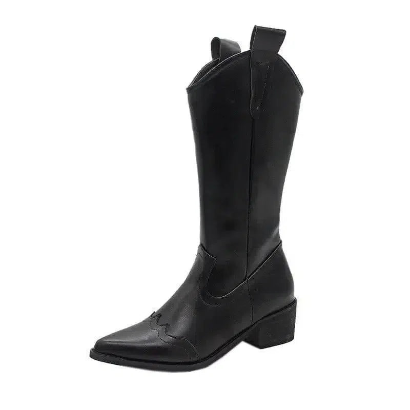 Retro Pointed Toe Thick Heel High Boots Women-Black-5