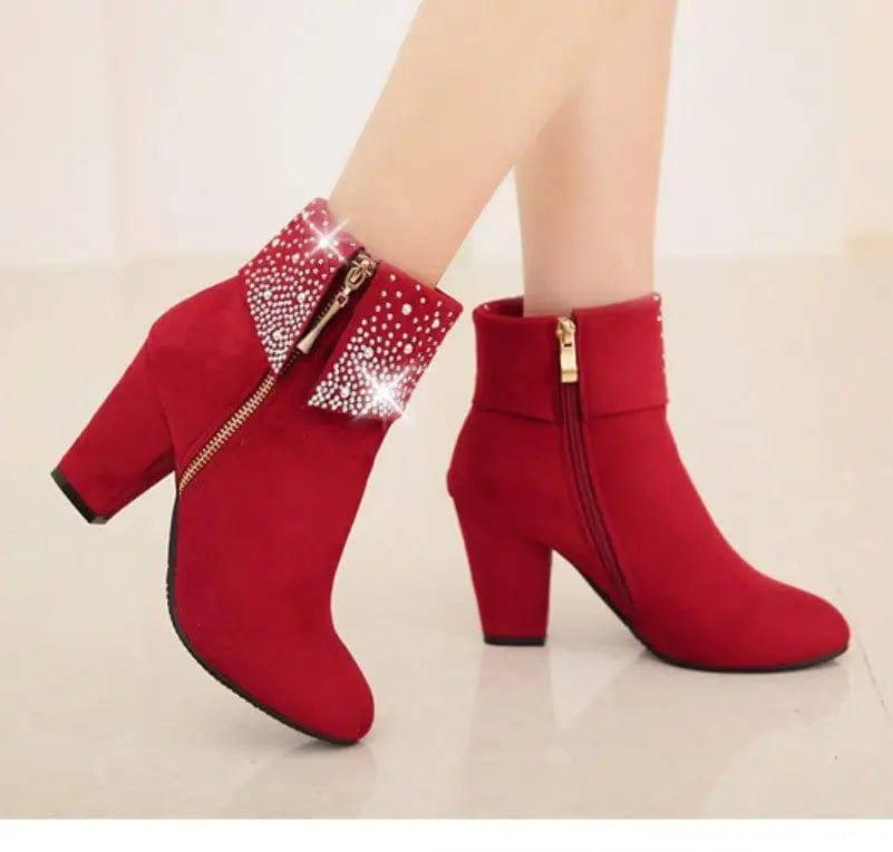 Rhinestone nubuck short heel women boots-1