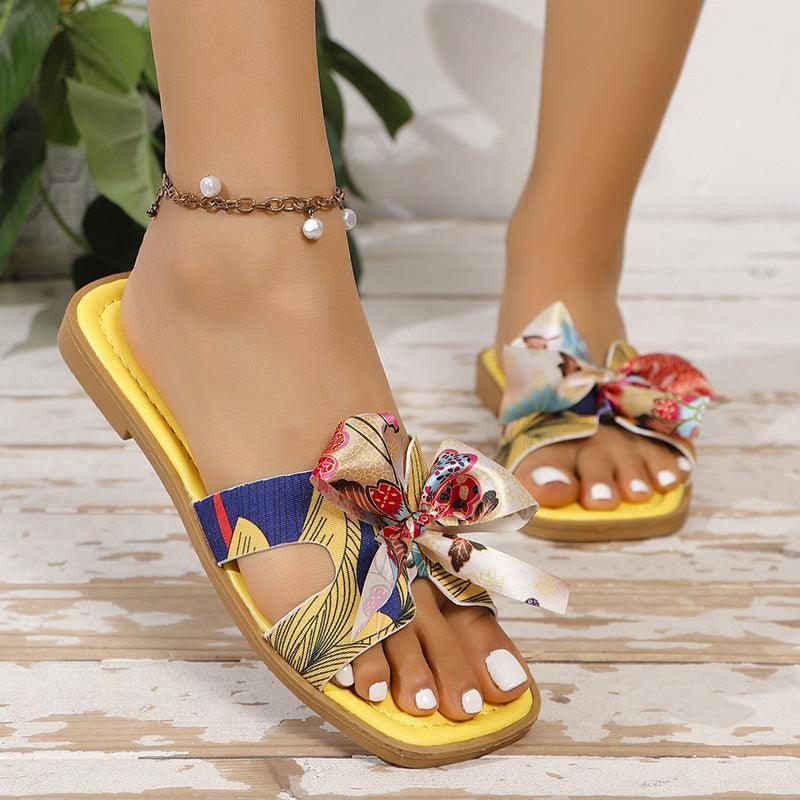 Ribbon Bow Sandals Summer New Square Toe Low Heel Sandal For-1