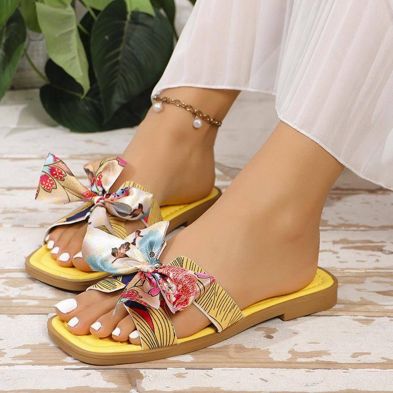 Ribbon Bow Sandals Summer New Square Toe Low Heel Sandal For-8