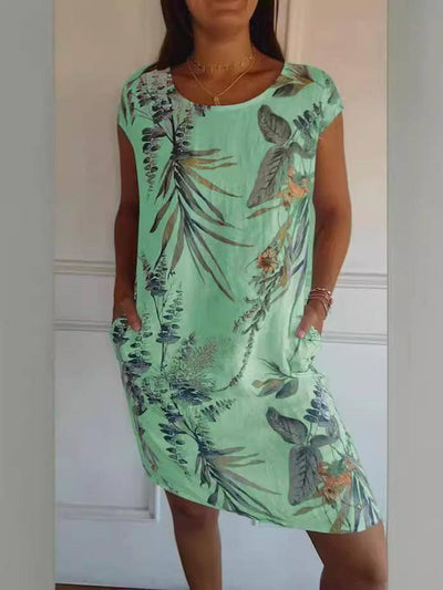 Round Neck Loose Short Sleeves Printed Dress-Green-7