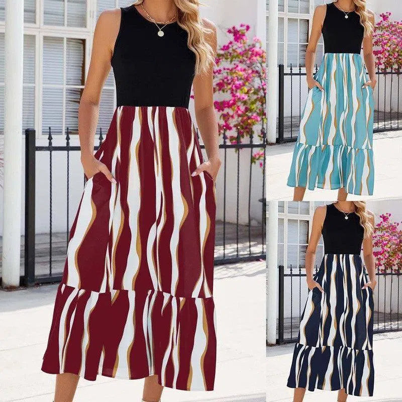 Round Neck Sleeveless Long Dress Summer Fashion Striped Print Dresses Womens Clothing-1