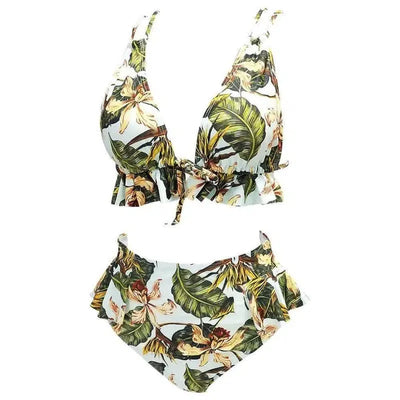 Ruffled bikini high waist printed swimsuit-LightGreen-6