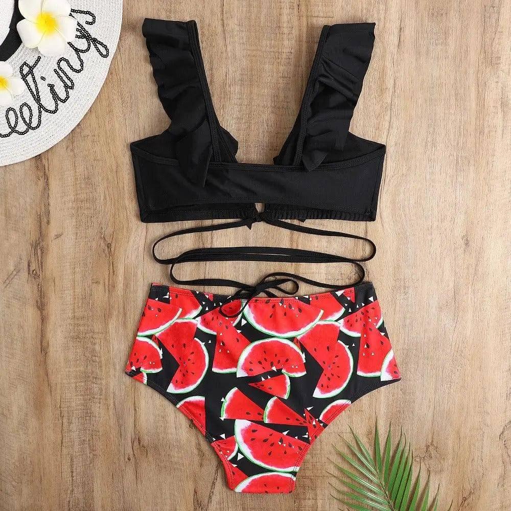 Sexy Bikini Print High Waist Split Swimsuit Lady Lotus Leaf-Red-1