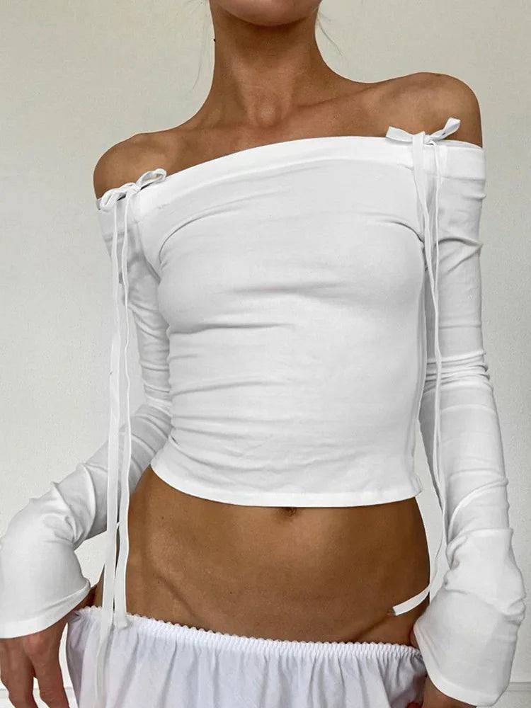 Bow Off Shoulder Skinny Tops for Women Autumn Winter-WHITE-1