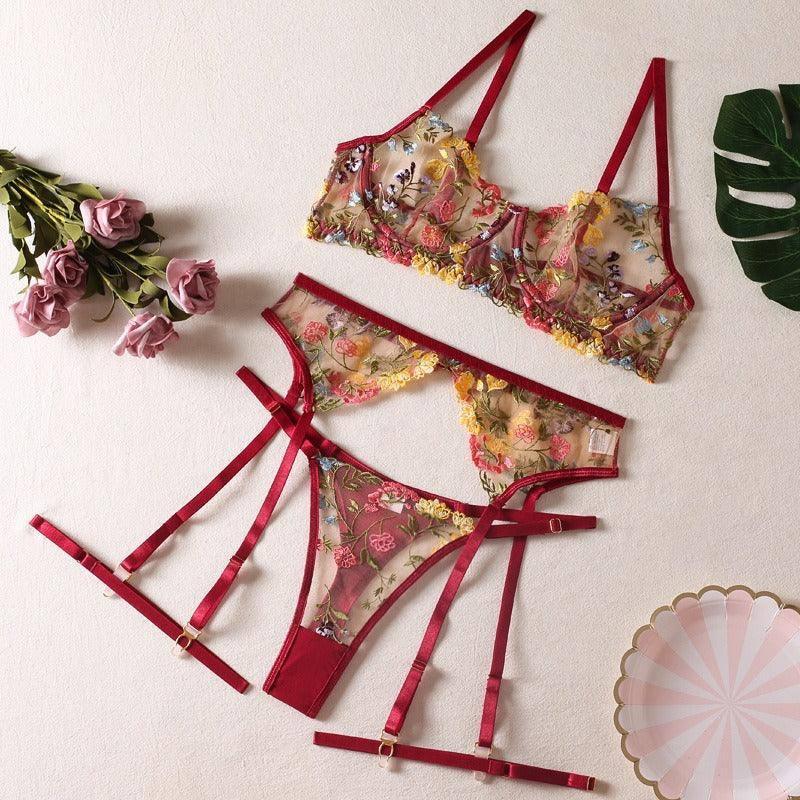 See-Through Yellow Garden Floral Bra Garter Belt Thong-Burgundy-4